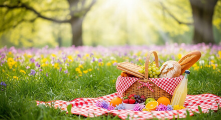 Picnic Basket with Fruits and Cheese on a Blanket.