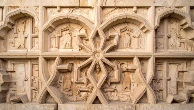 Intricate stone carvings at the Sas Bahu Temples in Gwalior, India.