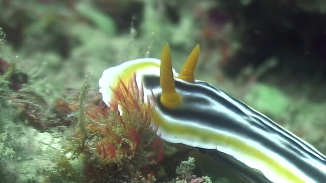 Witness stunning Chromodoris annae, or Anna's magnificent sea slug, as it grazes on vibrant coral reef. This colorful nudibranch thrives in beautiful underwater environment of Philippines.