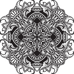 Black and white geometric mandala vector with symmetrical line art and sacred geometry. Suitable for meditation, Ramadan themes, tattoo design, adult coloring pages, wall art, posters, and decorative