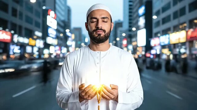 Spiritual moment of ramadan surrealism as a devout man prays in an illuminated city street, holding glowing light in his hands, blending faith with urban dynamism