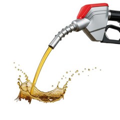 Fuel pump nozzle releasing a stream of gasoline into the air with splashes