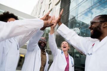 Obraz premium Group of Medical Professionals Giving a High Five for Success Celebration Outside a Modern Laboratory Building for Healthcare Teamwork and Medical Branding
