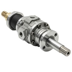 Close-up view of a complex mechanical component with threaded and flanged connections.