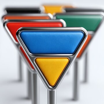 Colorful Geometric Inverted Triangle Symbols Standing in Row on White Background