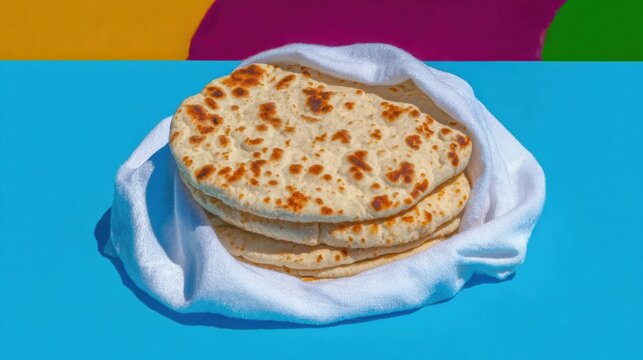 Stack of fresh pita bread resting on a white fabric napkin for Mediterranean food advertising, simple gourmet composition over a vibrant colorful background with copy space