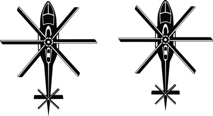 Helicopter top view silhouette set, military aircraft vector illustration, rotor aviation icon collection, black and white transport graphic design © Ayesha