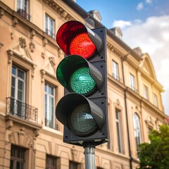 A traffic light with red and green lights on a metal pole
