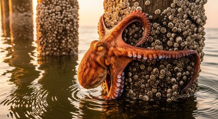 Fototapeta premium Vibrant octopus clinging to barnacle-covered pier in sunlit waters at sunset