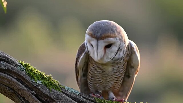 Barn Owl perched on tree branch flying.