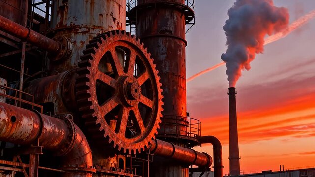 Industrial factory with rusted gears under orange sunset sky