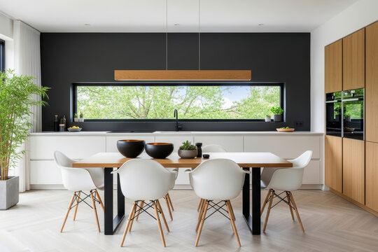 Modern minimalist kitchen and dining area with black accent wall, panoramic window, wood pendant light and white Eames style chairs