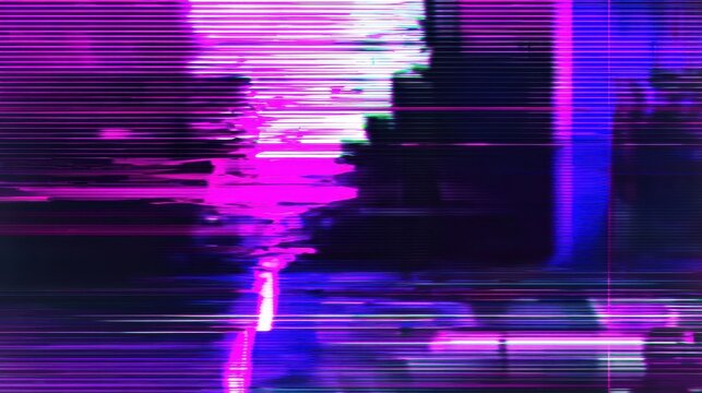 Glitch effect background with pink, blue, and purple, suitable for website designs, online content, marketing campaigns, and thematic visuals. The retro futurism conveys innovation and nostalgia for d