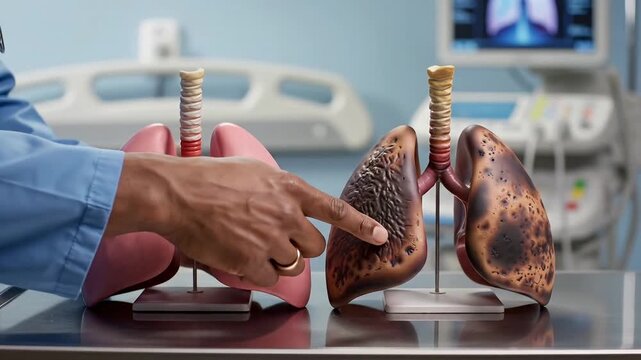 Doctor Demonstrates Damaged Lungs vs Healthy Lungs Model.