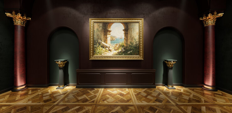 3d interior of old museum art gallery. Artworks in a bright, spacious gallery. 3d illustration.