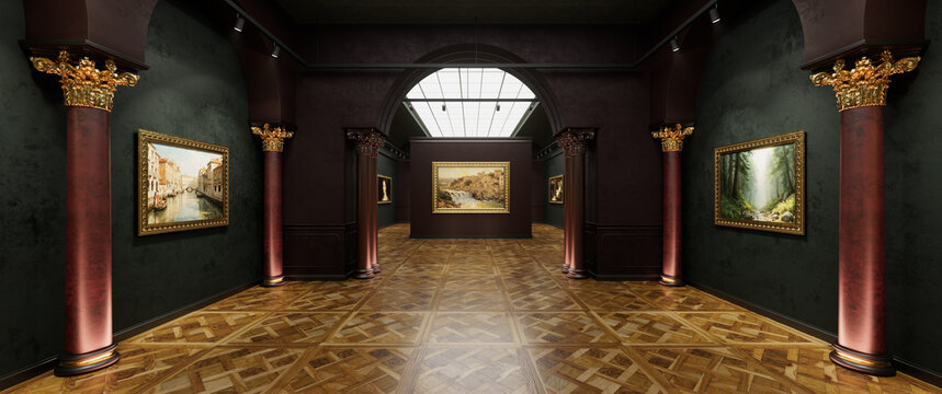 3d interior of old museum art gallery. Artworks in a bright, spacious gallery. 3d illustration.