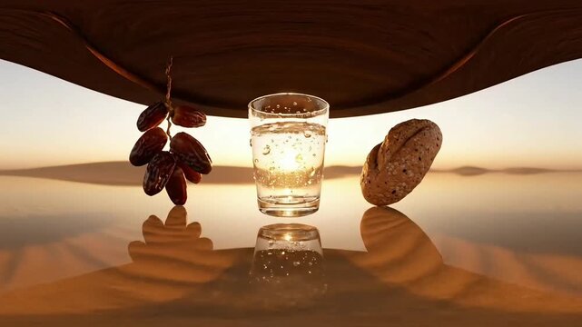 A captivating ramadan surrealism artwork, portraying the serene moment of breaking fast with dates, water, and bread in a dreamlike, reflective setting