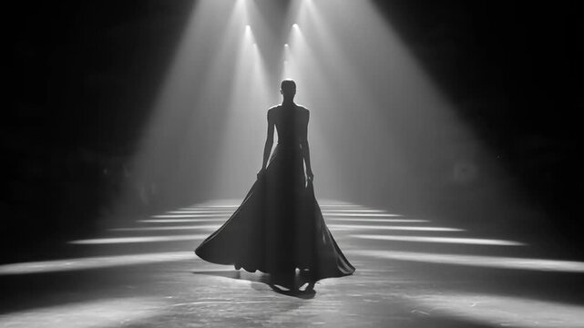 A model walks down a dimly lit runway, performing a graceful turn under spotlight in a high-fashion cinematic video