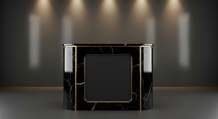 Elegant black marble reception desk with gold trim in a minimalist space