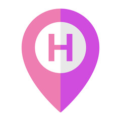 Obraz premium Hospital location pin icon with letter H, pink and purple map marker isolated on transparent background.