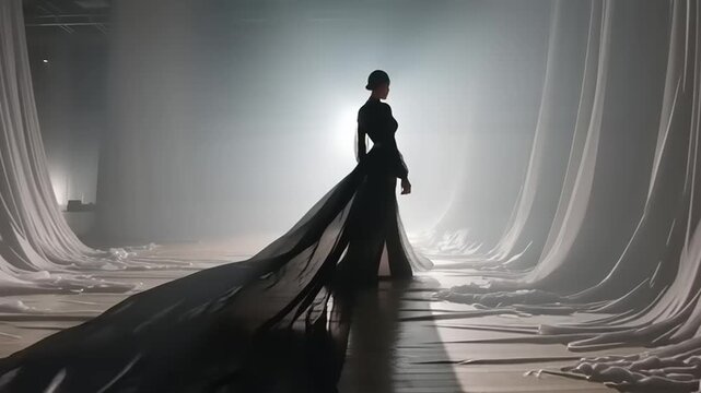 Fashion model walking down a cinematic runway with flowing curtains and dramatic lighting