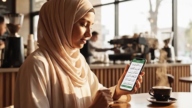 Lifestyle cinematic video of a confident young Muslim woman in a soft beige hijab sitting alone at a bright contemporary cafe holding her smartphone upright reading Quran verses from an Islamic mobile