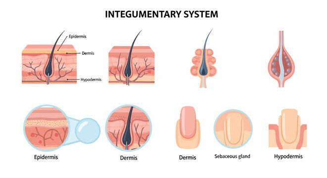 Medical Illustration of the Integumentary System Showing Skin Layers Epidermis Dermis Hypodermis Hair Follicle Sebaceous Gland and Nail Structure for Education.