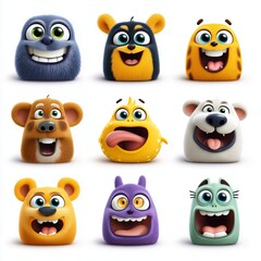A Set of Whimsical 3D Cartoon Animals with Friendly Expressive Faces