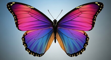 Obraz premium Vibrant Butterfly in Flight: A captivating butterfly, its wings displaying an explosion of vivid colors, takes center stage against a soft background.