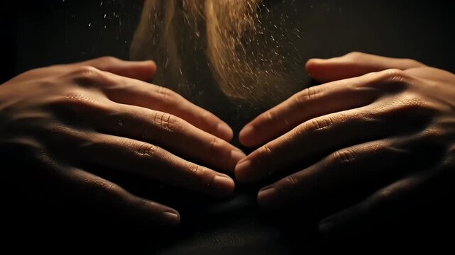 A moment of profound reflection in ramadan surrealism, as time gently slips through cupped hands, a spiritual meditation on fleeting moments and eternal significance