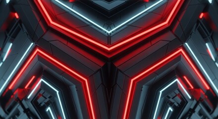 Futuristic Abstract Tunnel With Red And Blue Neon Geometric Lights And Dark Industrial Walls