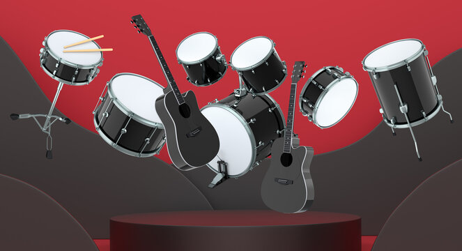 Set of electric guitars, acoustic guitar, and drum set suspended in air above podium, on a pastel colorful background
