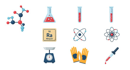 Comprehensive Science and Chemistry Icon Set Featuring Molecule, Erlenmeyer Flask, Test Tubes, Periodic Table Element, Atom Models, Lab Scale, and Safety Gloves