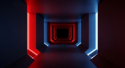 Futuristic Abstract Tunnel With Red And Blue Neon Lights Leading To Darkness