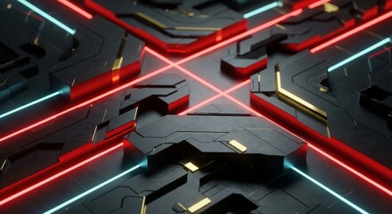 Futuristic Circuit Board With Red And Blue Neon Lights In A Dark Environment