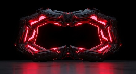 Futuristic Dark Geometric Structure With Bright Red Neon Glowing Lights In A Black Void