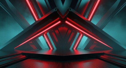 Obraz premium Futuristic Dark Hallway With Red Neon Lights and Teal Accents