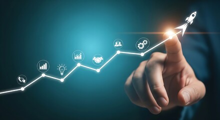 Obraz premium Hand pointing to a rocket launching from a growth chart with business icons.