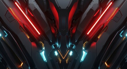 Futuristic Dark Metallic Abstract Background With Red And Blue Neon Lights