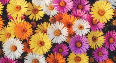 Fototapeta premium Vibrant Floral Symphony: A captivating arrangement of multicolored blossoms forms a vibrant carpet of floral beauty, creating a cheerful display of nature's artistry.