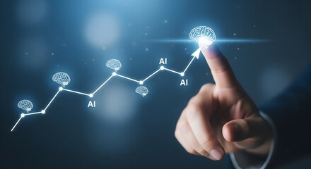 Obraz premium Hand touching a glowing line graph of brains with AI labels.