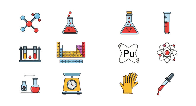 Chemistry and laboratory icons set featuring molecule, Erlenmeyer flask, test tube, periodic table, atom model, scale, and gloves on a white background.