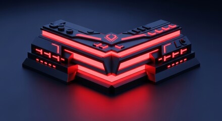 Futuristic Dark Structure With Red Glowing Neon Lines And Digital Accents On A Dark Background