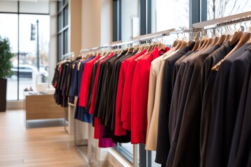 Obraz premium Elegant Interior of Designer Store Showcasing Tailored Suits and Dresses