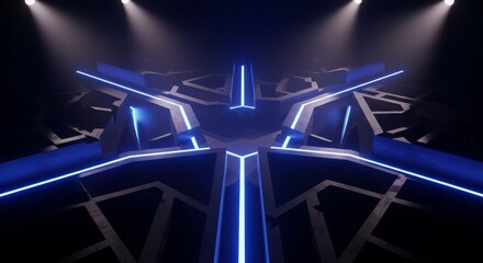 Futuristic Neon Blue Geometric Structure With Spotlight Illumination On Dark Pixelated Ground