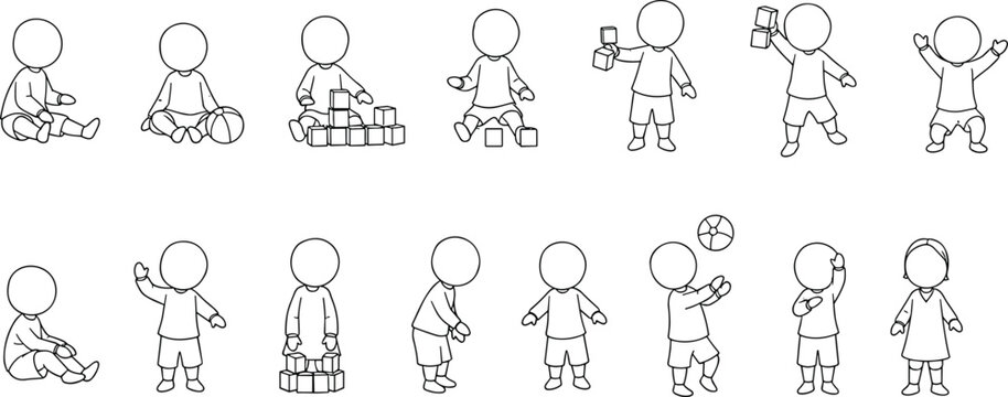 Toddler activity pose set, baby playing illustration collection, child movement vector sequence, cute kids gesture reference pack, line art