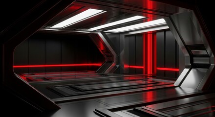 Futuristic Sci Fi Corridor With Red Neon Lights And Metal Floor