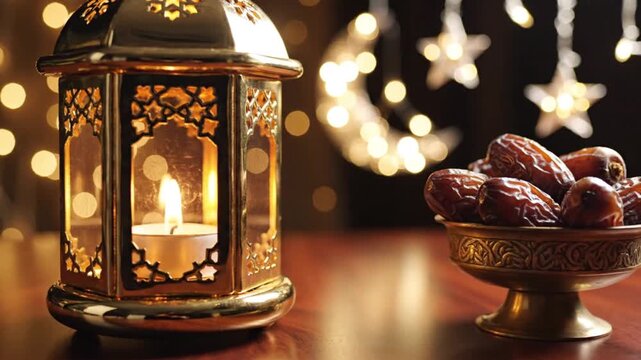 Refined macro cinematic shot of a polished golden fanous lantern with complex lattice design candle burning softly inside resting on wooden tabletop near bowl of plump dates warm blurred bokeh backgro