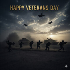 Soldiers and Tanks in Desert Combat Training at Sunset