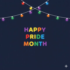 Happy Pride Month Neon Banner with Rainbow Flags and Lanterns